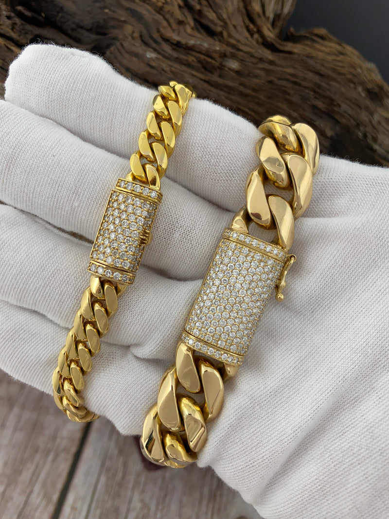 14 Karat Gold & Natural Diamond Coffin Lock Miami Cuban Link Bracelet