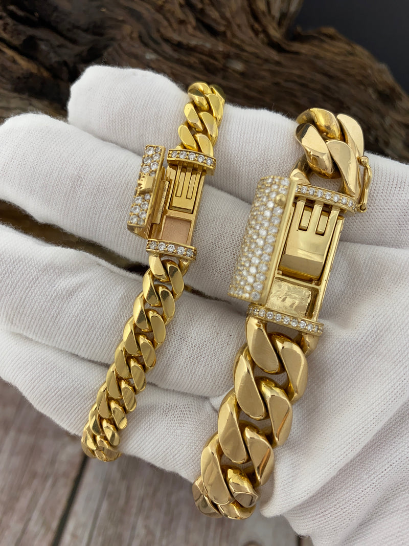 14 Karat Gold & Natural Diamond Coffin Lock Miami Cuban Link Bracelet