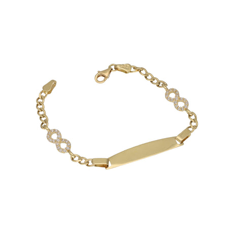 A 14 karat gold children's bracelet with two infinity symbols on each side with clear stones and an ID plate and decorative chain, featuring a lobster lock clasp.