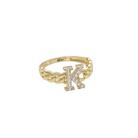 10K gold Cuban initial ring with letter K and CZ stones - Veka Jewelry