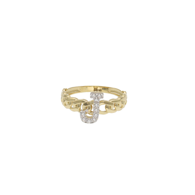 10K gold Cuban initial ring with letter J and CZ stones - Veka Jewelry
