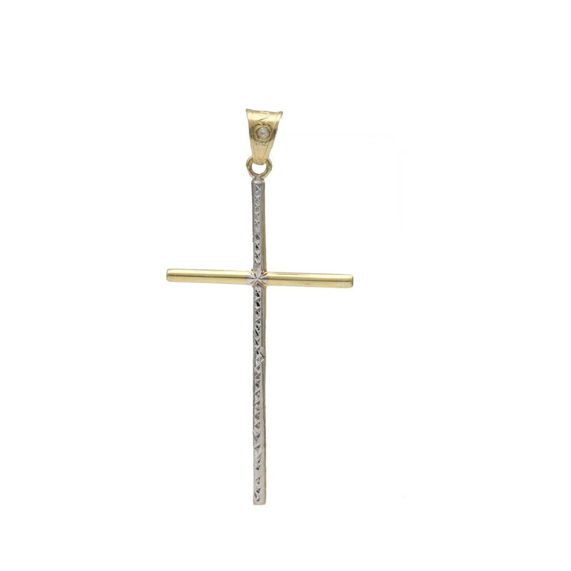 Front view 10K real gold slim diamond cut cross pendant - Veka Jewelry