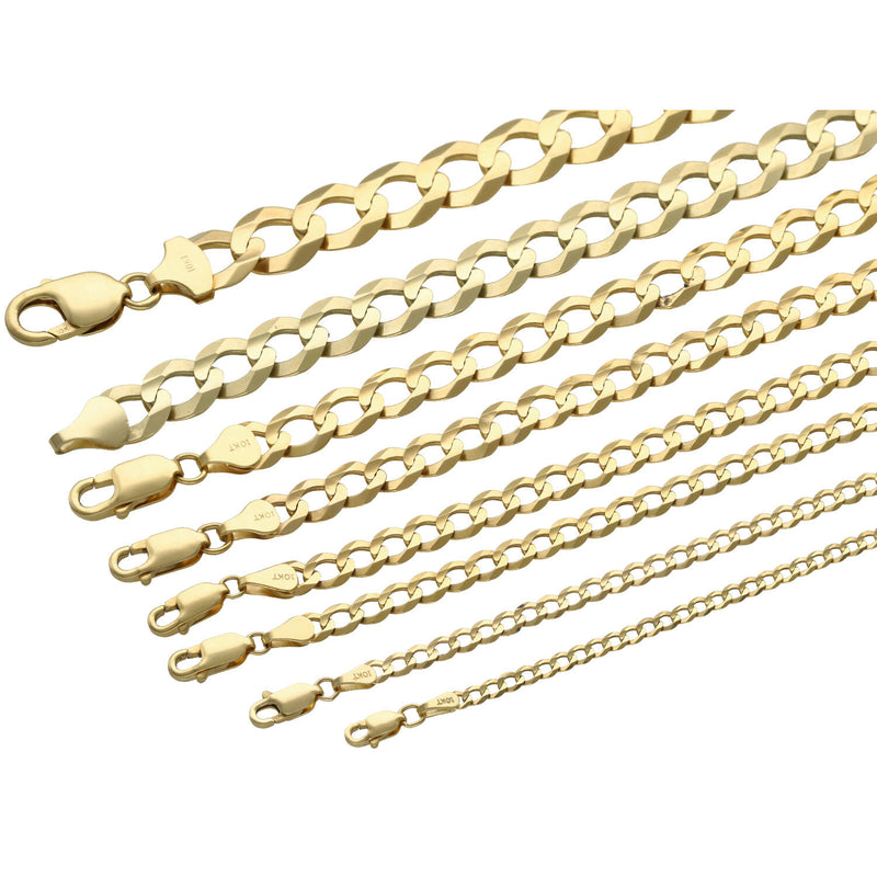 10K yellow gold Italian curb gold cuban bracelets with lobster clasp on white background with the 10k Stamp on both gold terminals showing in descending order widths from 10MM down to 3MM.