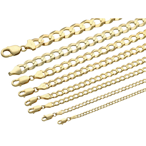 10K yellow gold Italian curb gold cuban bracelets with lobster clasp on white background with the 10k Stamp on both gold terminals showing in descending order widths from 10MM down to 3MM.