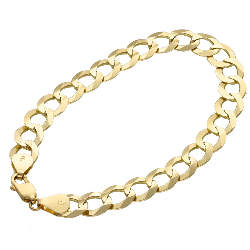 10K yellow gold Italian curb bracelet with lobster clasp on white background with the 10k Stamp on both gold terminals
