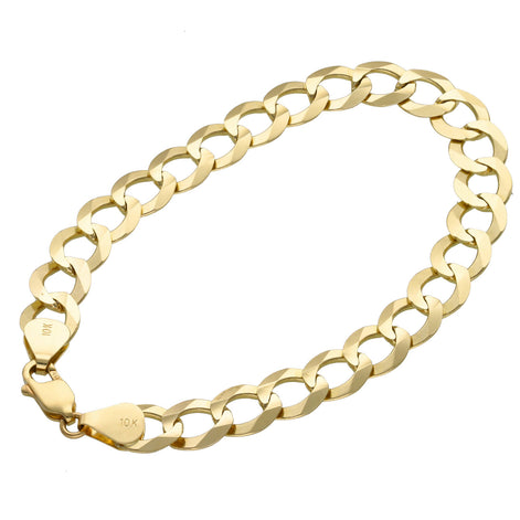 10K yellow gold Italian curb bracelet with lobster clasp on white background with the 10k Stamp on both gold terminals