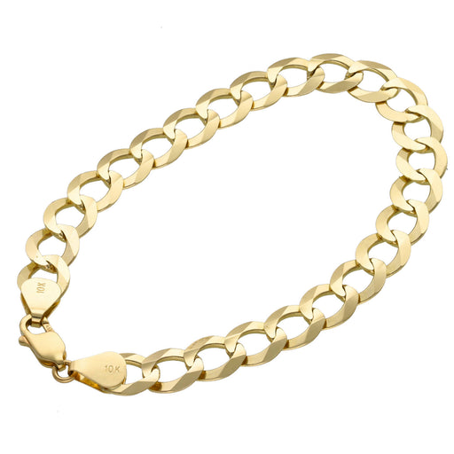 10K yellow gold Italian curb bracelet with lobster clasp on white background with the 10k Stamp on both gold terminals