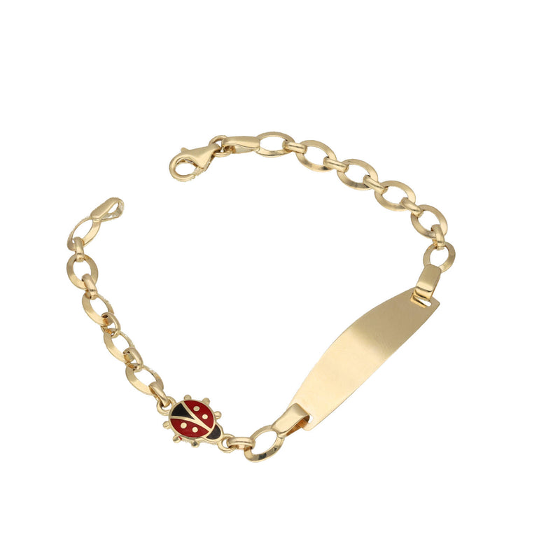 A 14 karat gold children's bracelet with a ladybug charm on an ID engraving plate , featuring a lobster lock clasp.