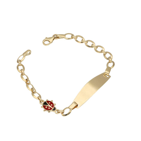 A 14 karat gold children's bracelet with a ladybug charm on an ID engraving plate , featuring a lobster lock clasp.