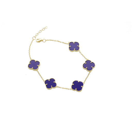 10K gold clover bracelet with lapis lazuli color stones featuring four leaf clover charms - lucky charm bracelet for women by Veka Jewelry
