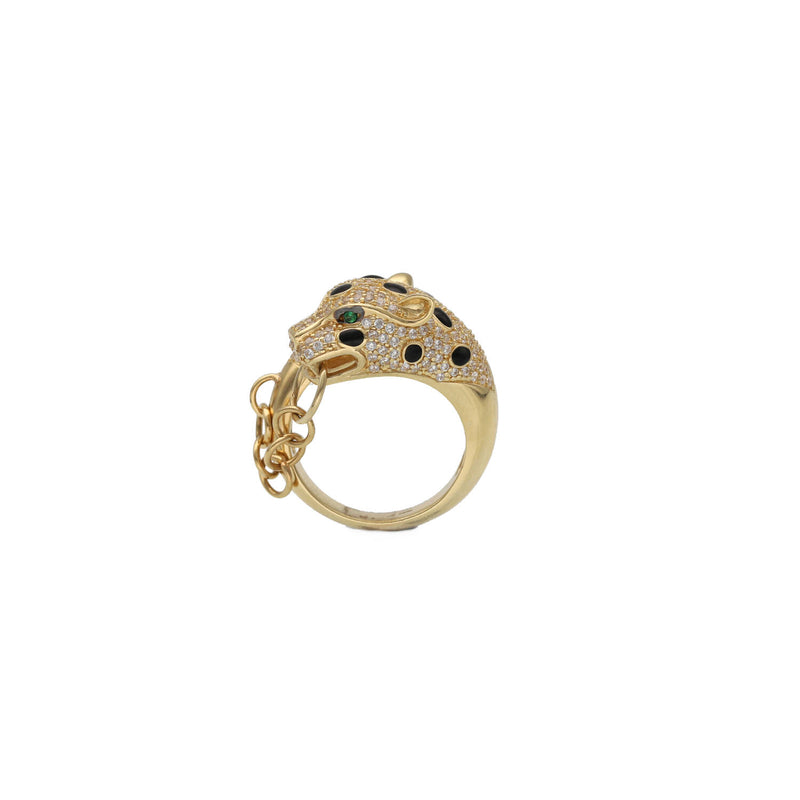 A 14 karat gold ring designed with a leopard motif, featuring small stones including green stones and a gold chain from face to tail on a white background