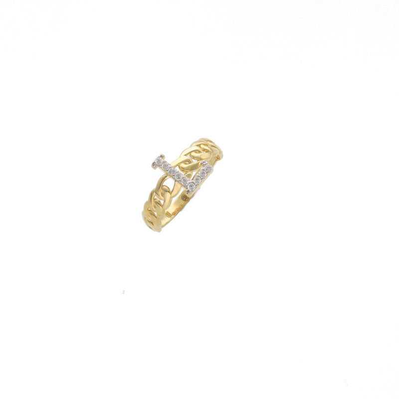 A gold ring with a cuban link chain design with the letter L initial in clear Stones. Latest trend for gift options