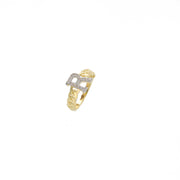 A gold ring with a cuban link chain design with the letter R initial in clear Stones. Latest trend for gift options