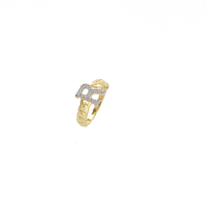 A gold ring with a cuban link chain design with the letter R initial in clear Stones. Latest trend for gift options