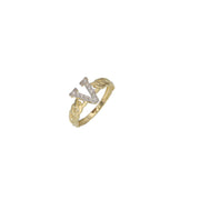 A gold ring with a cuban link chain design with the V initial in clear Stones. Latest trend for gift options
