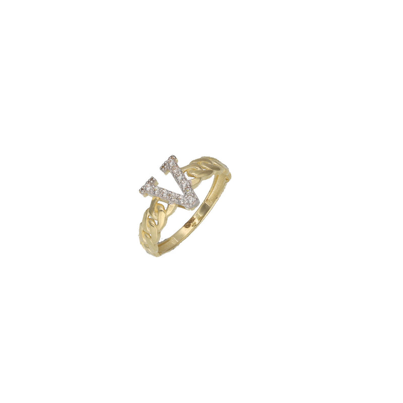 A gold ring with a cuban link chain design with the V initial in clear Stones. Latest trend for gift options