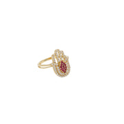 Luxurious 14 Karat Gold Hamsa Synthetic Ruby Ring on a white background