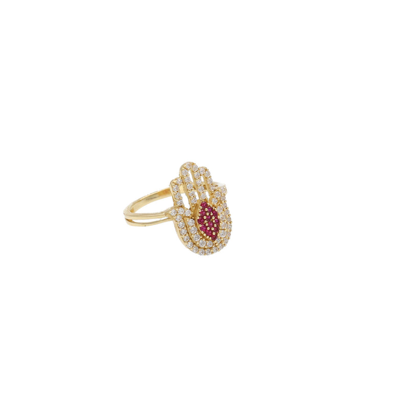 Luxurious 14 Karat Gold Hamsa Synthetic Ruby Ring on a white background