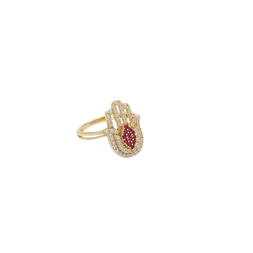 Luxurious 14 Karat Gold Hamsa Synthetic Ruby Ring on a white background