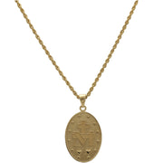 Milagrosa Pendant back face showing the cross interlaced with the M and other symbols that are part of this beautiful and elegant pendant. hanging on a 14K interlaced chain rope style.
