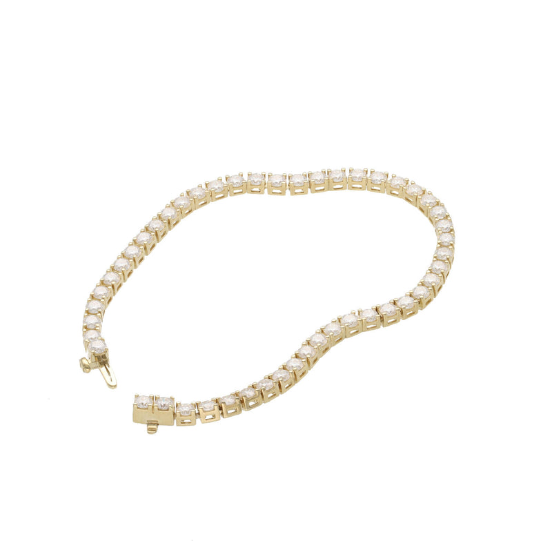 Close-up of a 10k yellow gold tennis bracelet with 48 round brilliant VVS moissanite stones, 3mm width, on a white background.