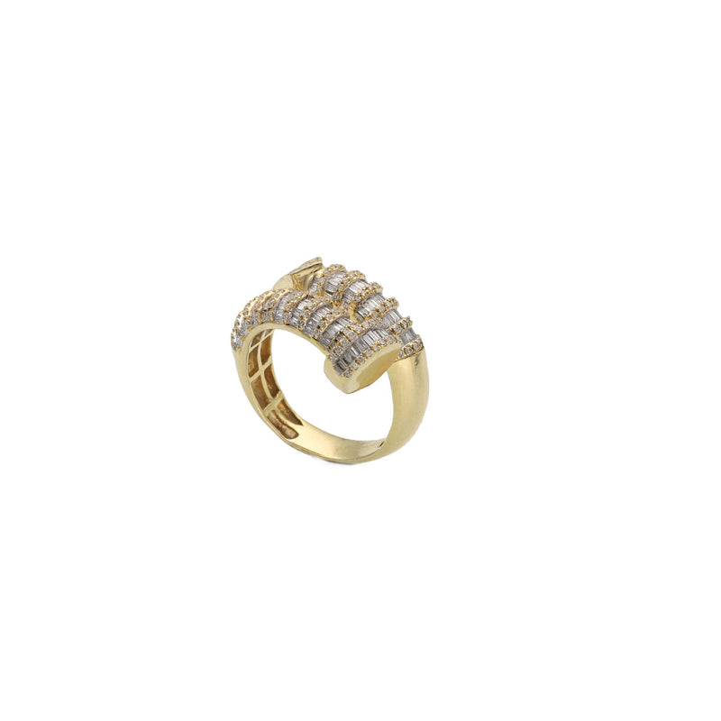 Men's 10 karat Yellow gold diamond nail ring featuring 1.05 total carat weight of genuine natural diamonds in baguette and round cut stones. 