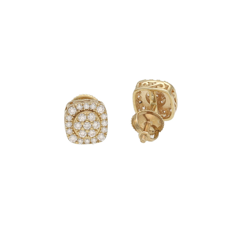 Close up of a Pair of Moissanite Earring Stud in yellow real gold with a beautiful design showing boldness and elegance displayed on a white background and the rounded set up of clear stones.