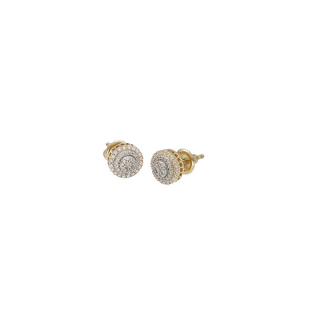 A pair of 10 karat gold moissanite stud earrings with a clear and elegant design, displayed against a white background.