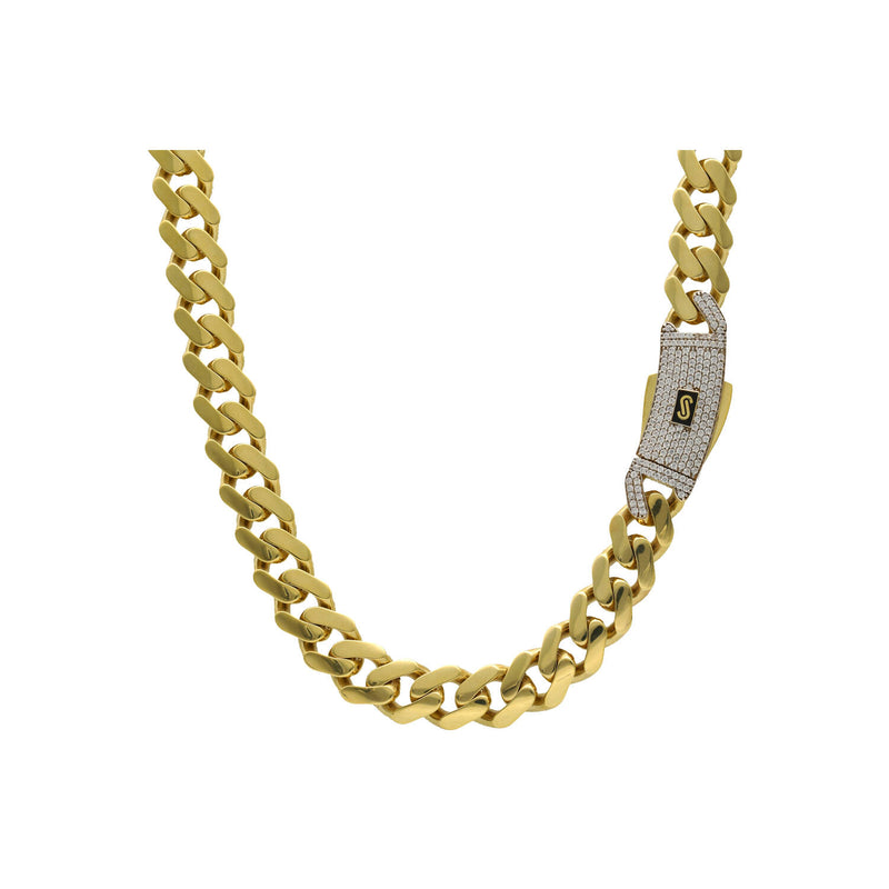 10K Gold Cuban Link Chain Monaco Pave Lock - Classic Miami Chain Hollow