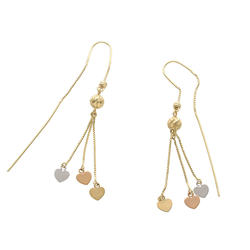 14 Karat Three Tone Gold Stick Threader Heart Earrings