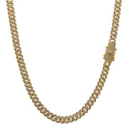 A 10 karat gold diamond miami cuban link chain necklace with a box clasp.