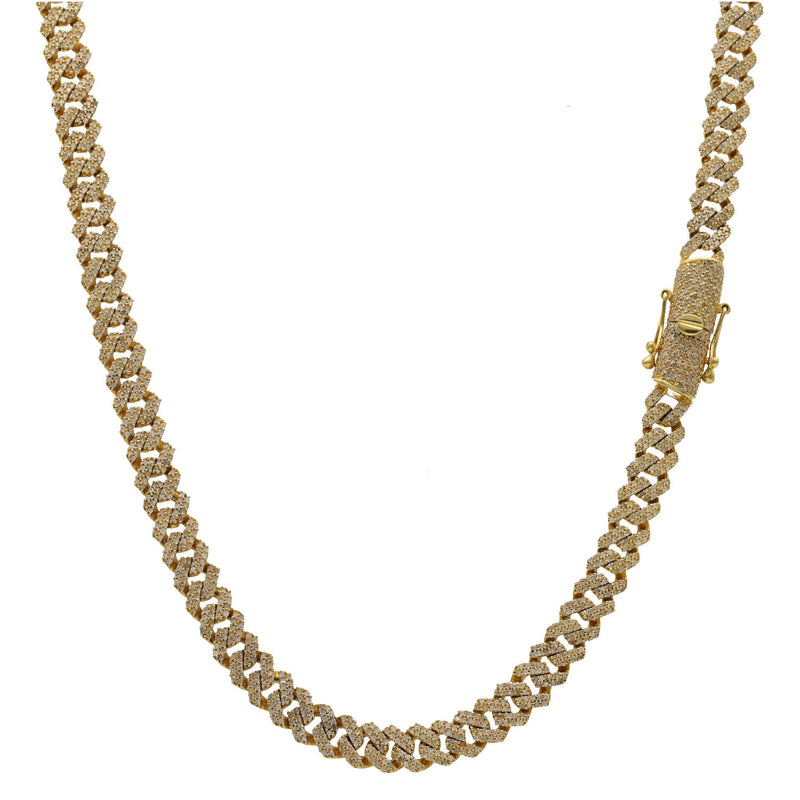 A 10 karat gold diamond miami cuban link chain necklace with a box clasp.