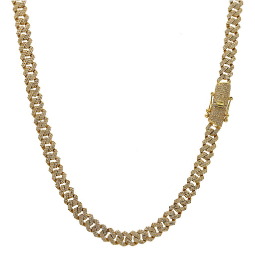 A 10 karat gold diamond miami cuban link chain necklace with a box clasp.
