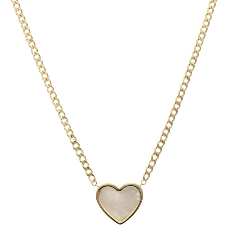 14 Karat Gold Cuban Link Mother of Pearl  Heart Necklace