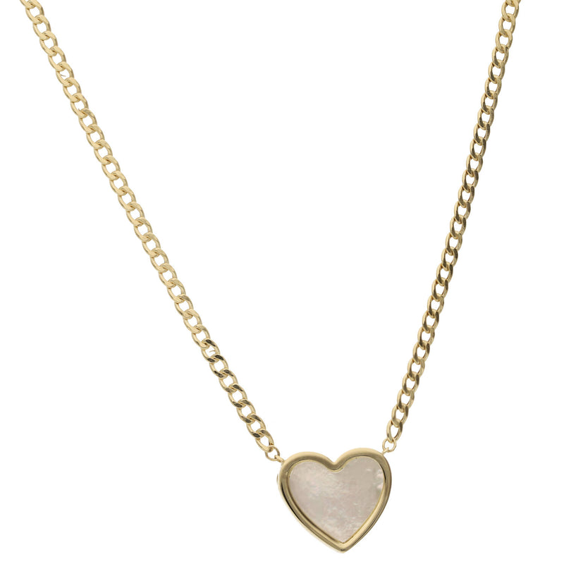 14 Karat Gold Cuban Link Mother of Pearl  Heart Necklace