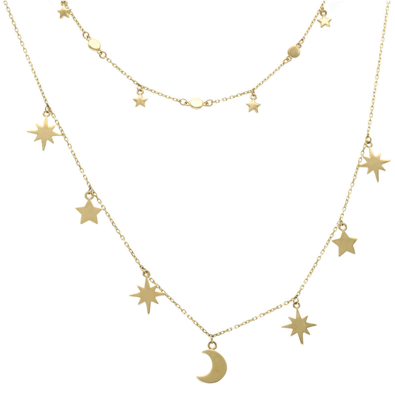 14K Gold Rolo Star Moon Layers Necklaces 0.6mm 16"