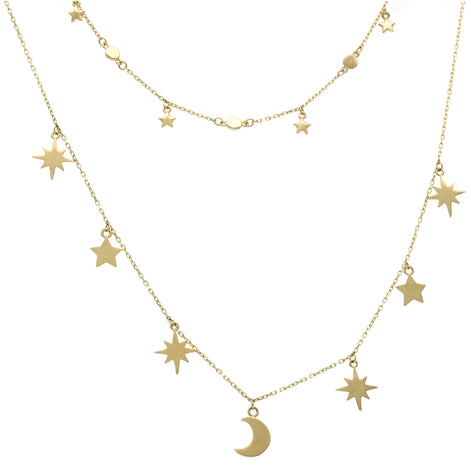 14K Gold Rolo Star Moon Layers Necklaces 0.6mm 16