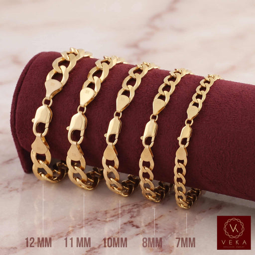 Five 10k Solid Gold Cuban link chain bracelets displayed on a dark burgundy cylindrical stand display, with size labels below indicating 12MM, 11MM, 10MM, 8MM, and 7MM. A Veka Jewelry brand logo is visible in the bottom right corner.