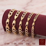 On Pillow Solid Two Tone 14k Gold Cuban Link Men Pave Bracelet with alternating clear crystal and gold links, displayed on a dark burgundy velvet cylinder. The image shows size labels at the bottom (12MM, 11MM, 10MM, 8MM, 7MM) and a Veka Jewelry logo in the bottom right corner.
