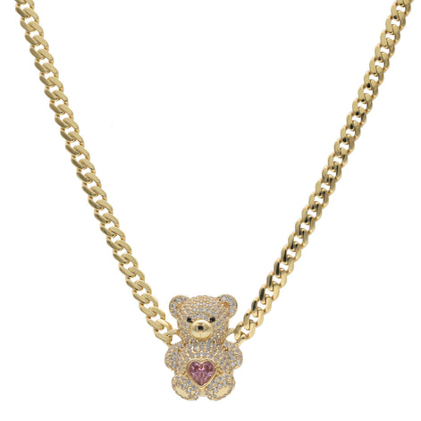 Gold chain necklace with a teddy bear pendant featuring a heart on a white background