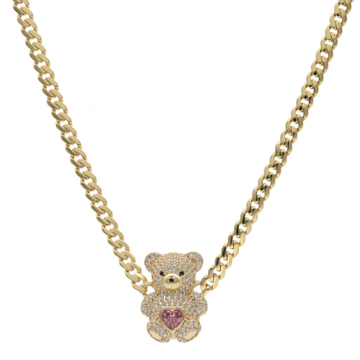 Gold chain necklace with a teddy bear pendant featuring a heart on a white background