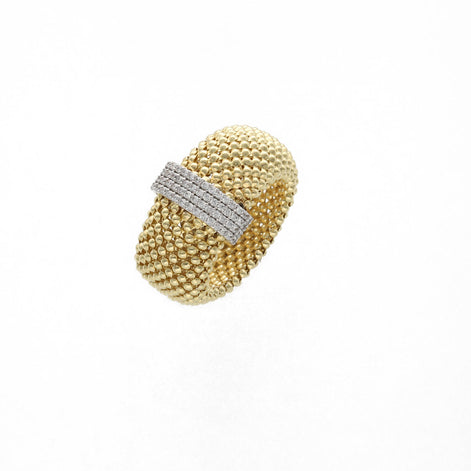 Close-up view of 14K gold popcorn texture with sparkling CZ stones