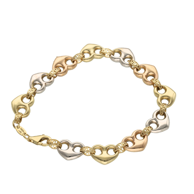 10 Karat Gold Three Tone Puff Mariner Hearts Bracelet