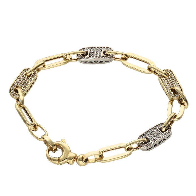 10 Karat Two Gold & Cz Paper Clip Puff Bracelet
