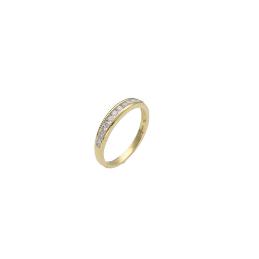 Natural Diamond Channel Style band in real 14 Karat gold on a half side view on white background.