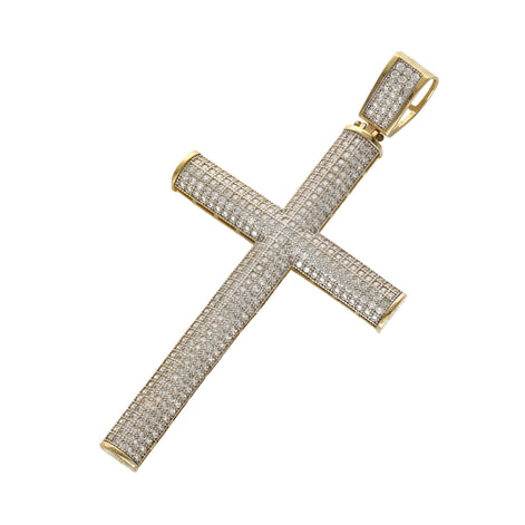 Gold cross pendant with diamond accents on a white background