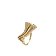 Side view of 14K gold wave ring with pavé CZ stones displaying sculptural architecture and premium craftsmanship

