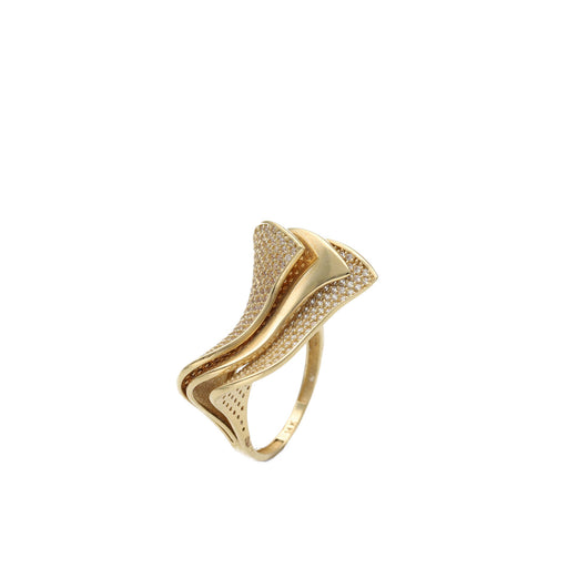 Side view of 14K gold wave ring with pavé CZ stones displaying sculptural architecture and premium craftsmanship
