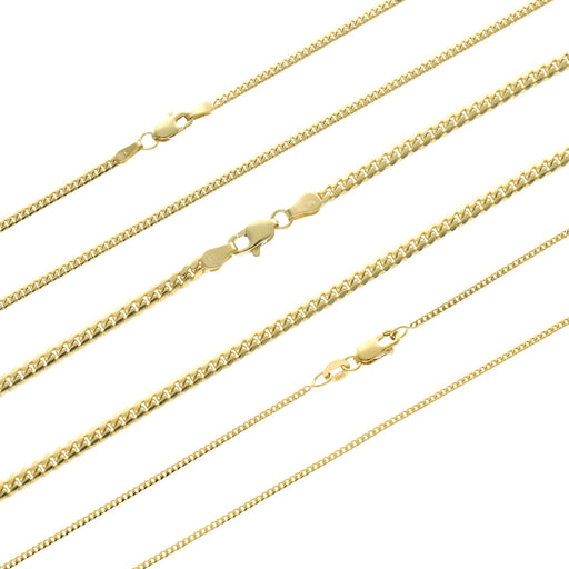 A set of gold Miami Cuban link chains with lobster locks, available in varying widths.