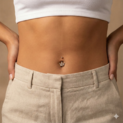 Female Model wearing a belly button ring with a crown design on a beige background